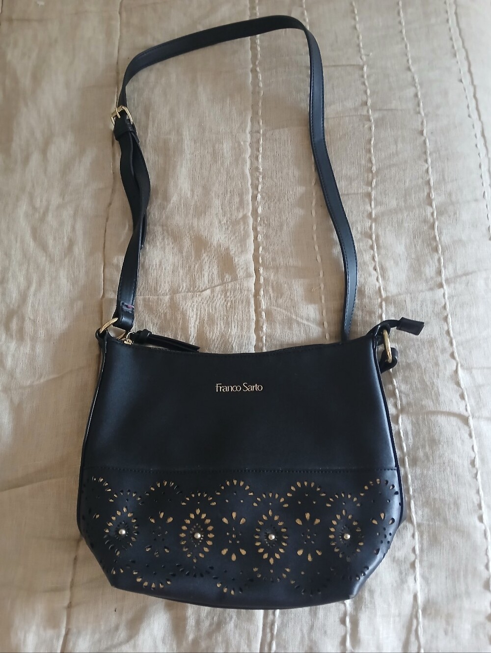 Franco Sarto Black Crossbody Bag with Laser-Cut Detail